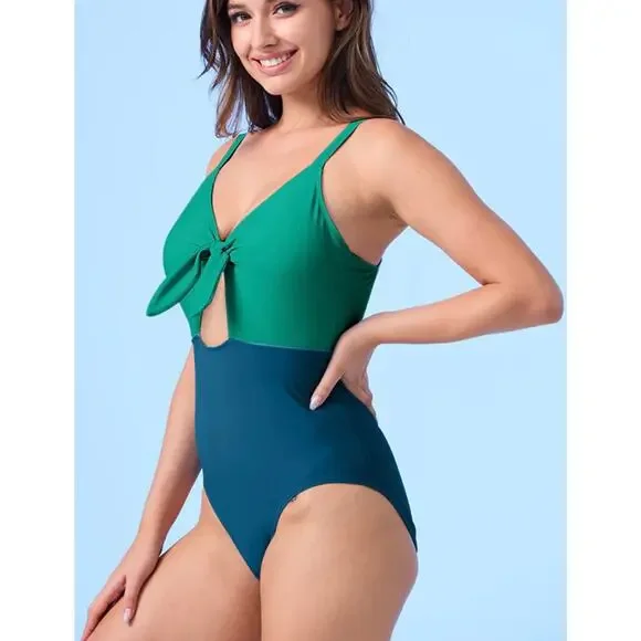SUMMERSALT Tie Bust Colorblock Swimsuit Blue Green 22